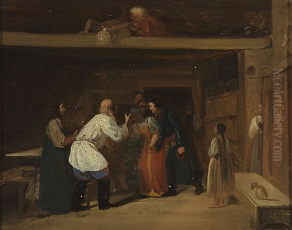 Scene From A Peasant Cabin Oil Painting by Adrian Markovich Volkov