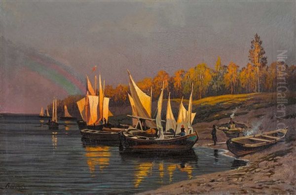 Segelboote An Abendlicher Uferlandschaft Oil Painting by Efim Efimovich Volkov