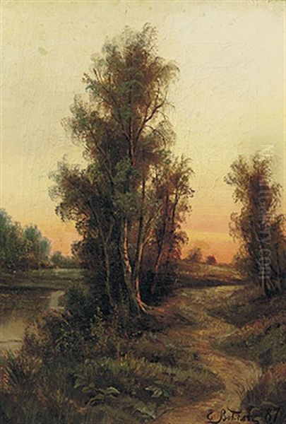 Abendliche Landschaft Mit Stillem Gewasser; Busch- Und Baumwerk Im Verfarbten Gegenlicht Oil Painting by Efim Efimovich Volkov