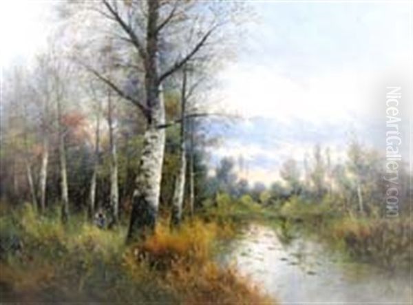 Baumlandschaft Im Fruhherbst Mit Reisigsammlerin An Einem Bachlauf Oil Painting by Efim Efimovich Volkov