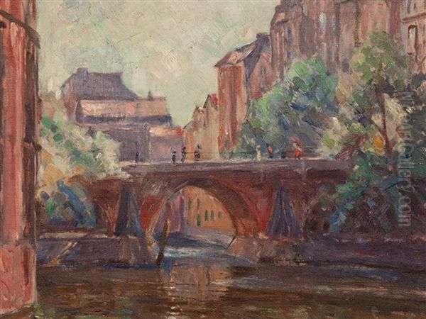 Stadthaus Bridge Hamburg Oil Painting by Hugo Volkwarth