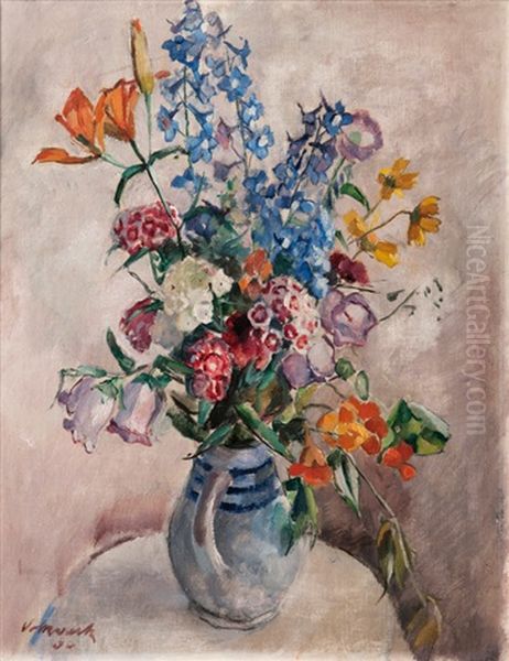 Flowers In A Jug Oil Painting by Hugo Volkwarth