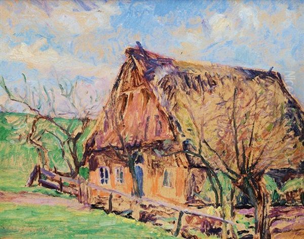 Farmhouse In Early Spring Oil Painting by Hugo Volkwarth