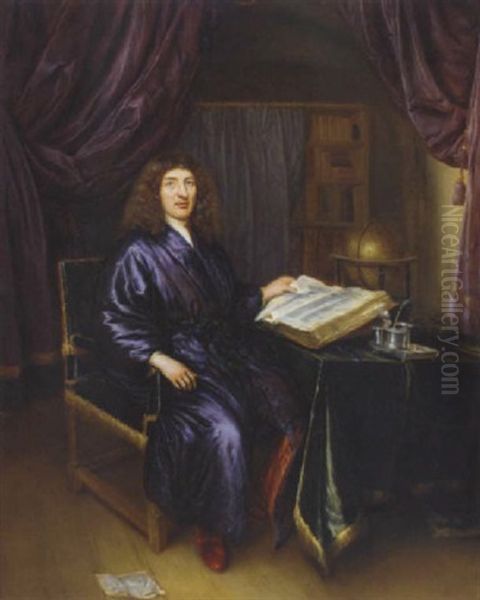 Portrait Of A Gentleman In A Blue Dressing Gown, Reading At A Library Table Oil Painting by Bernart (Bernhard) Vollenhove