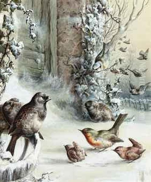 Robins And Wrens In A Winter Landscape Oil Painting by Harry Bright