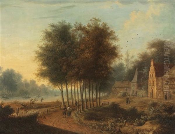 Flusslandschaft Mit Spaziergangern Oil Painting by Johann Christian Vollerdt