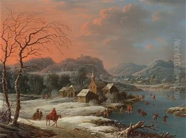 A Mountainous Winter Landscape With Skaters On A Frozen River Near A Village Oil Painting by Johann Christian Vollerdt