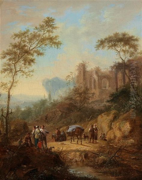 A Pair Of Southern Landscapes With Figures Oil Painting by Johann Christian Vollerdt