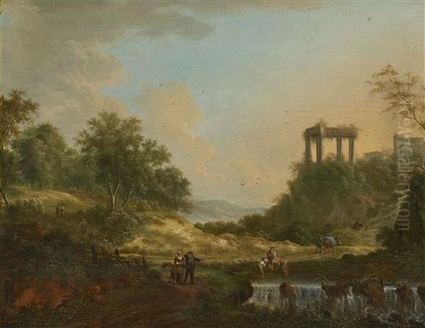 Arcadian Landscape With A Temple Ruin And People Oil Painting by Johann Christian Vollerdt