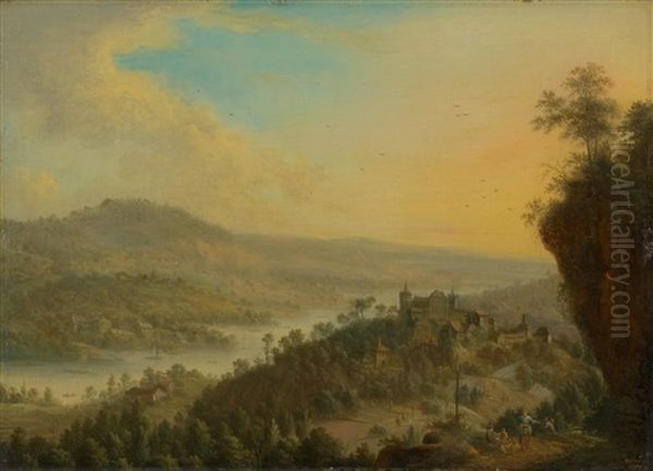 River Landscape With Figures Oil Painting by Johann Christian Vollerdt