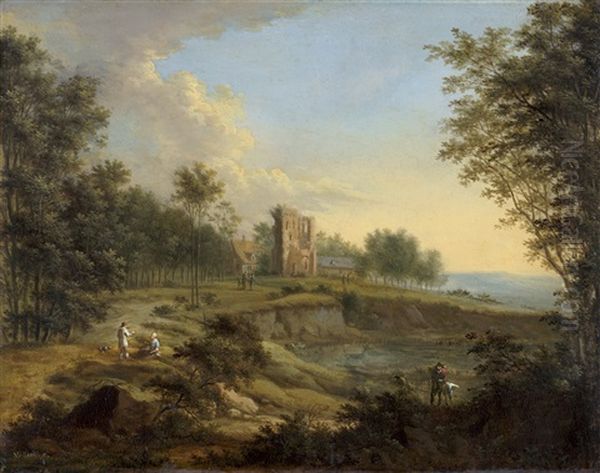 Bewaldete Hugellandschaft Mit Turmruine Und Staffage Oil Painting by Johann Christian Vollerdt