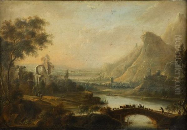 Paysage Panoramique Traverse Par Une Riviere Avec Paysan Et Ses Betes Sur Un Pont Oil Painting by Johann Christian Vollerdt