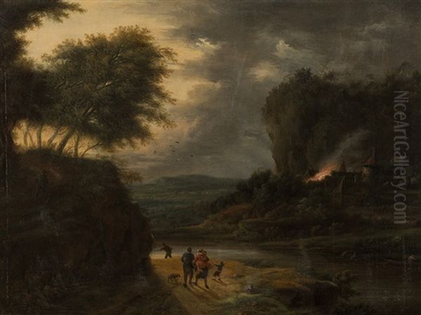 River Landscape With Burning Castle Oil Painting by Johann Christian Vollerdt