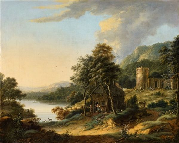 Wooded River Landscape With A Farmhouse And Ruins Oil Painting by Johann Christian Vollerdt