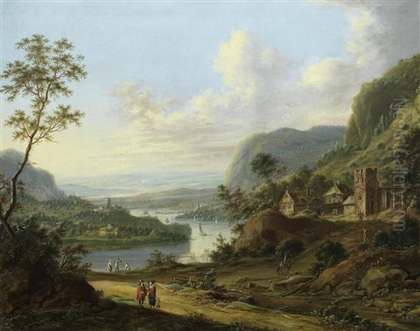 An Extensive River Landscape With Figures Resting Beside A Waterfall And A Village In The Distance; And A Mountainous River Landscape With A Horseman On A Path (2) Oil Painting by Johann Christian Vollerdt