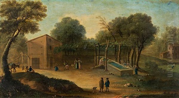 Farmstead With Figures Oil Painting by Johann Christian Vollerdt