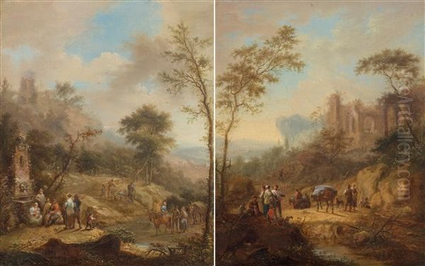 Pair Of Works: Landscapes With Figures Oil Painting by Johann Christian Vollerdt