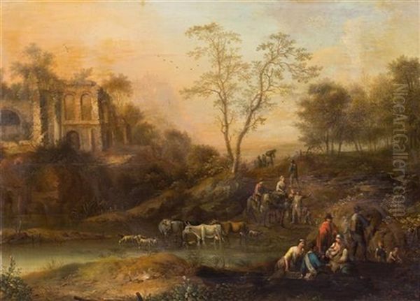 Figures And Animals Before Ruins (a Pair Of Works) Oil Painting by Johann Christian Vollerdt