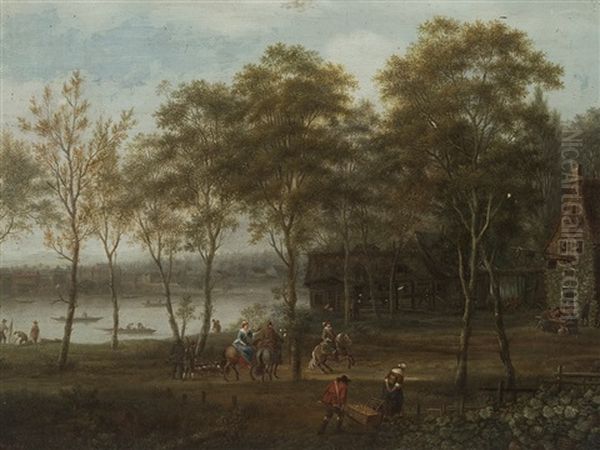 River Landscape Oil Painting by Johann Christian Vollerdt