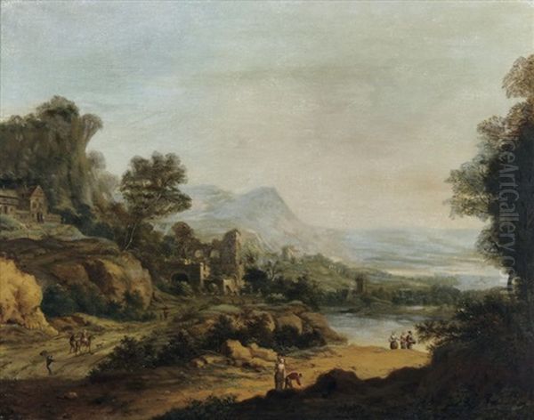 Weite Ideallandschaft Mit Flus Und Ruine Oil Painting by Johann Christian Vollerdt