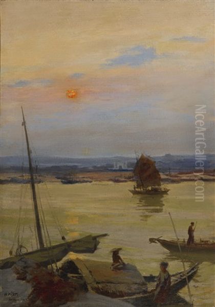 Twilight At The River In Tourane Oil Painting by Henri Emile Vollet