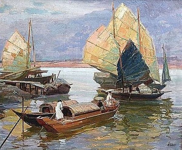 Bateaux Sur Le Fleuve Rouge, Hanoi Oil Painting by Henri Emile Vollet