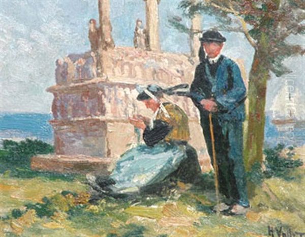 Discussion Devant Le Calvaire, Tronoen Oil Painting by Henri Emile Vollet