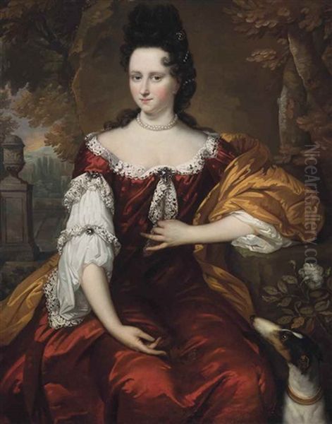 Portrait Of A Lady, Three-quarter-length, With Her Hound Oil Painting by Jan Vollevens the Elder