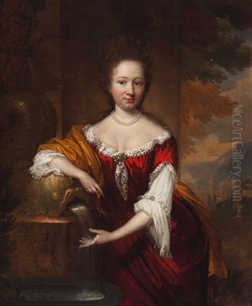 Portrait Of A Young Woman By A Fountain Oil Painting by Jan Vollevens the Elder