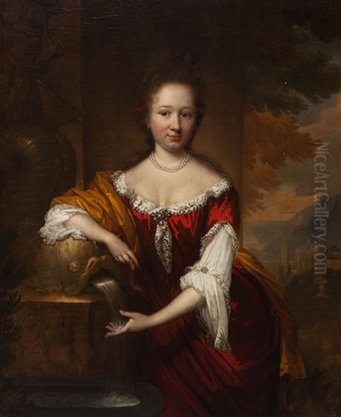 Portrait Of A Young Woman By A Fountain Oil Painting by Jan Vollevens the Elder