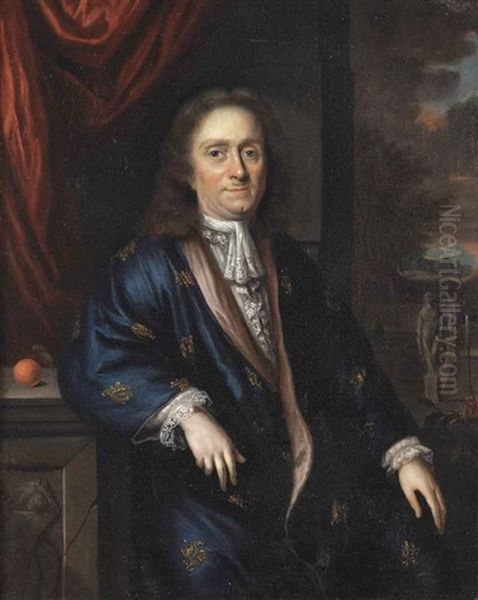 Portrait Of Bernard De Moor, Three-quarter-length, In A Blue Silk, Fur Lined Japonse Rok, Leaning Against A Marble Parapet In A Park Landscape Oil Painting by Jan Vollevens the Elder