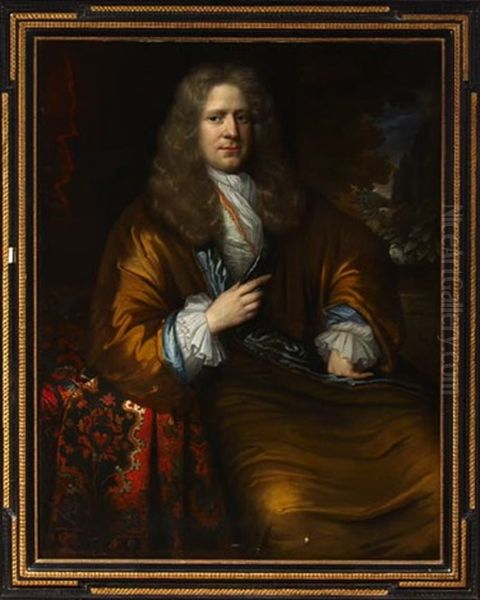 Portrait Of A Gentleman Wearing A Gold Cloak With Blue Trim, Seated Before A Landscape Oil Painting by Jan Vollevens the Elder