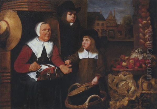 A Market Scene With Two Boys By A Vegetable Seller Making Lace, The St. Jorispoort In Dordrecht Beyond Oil Painting by Jan Vollevens the Elder