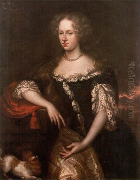 Portrait Of A Lady Wearing A Blue Dress Trimmed With Lace, Leaning On A Red Cushion On A Stone Plinth Beside A King Charles Spaniel Oil Painting by Jan Vollevens the Elder