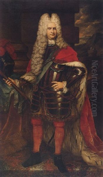 Portrait Of A Gentleman Wearing The Order Of The Thistle, In Armour And A Red Velvet Ermine Lined Cloak, Holding A Marshall's Baton Oil Painting by Johannes Vollevens the Younger