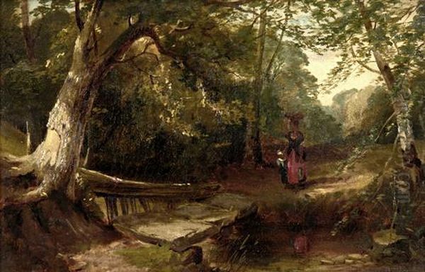 Woman And Child In A Woodland Oil Painting by Henry Bright