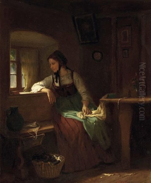 Junge Frau Am Fenster Oil Painting by Ludwig Vollmar