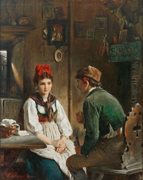 In Einer Schwarzwalder Bauernstube Sitzt Sich Ein Junges Paar Gegenuber Oil Painting by Ludwig Vollmar