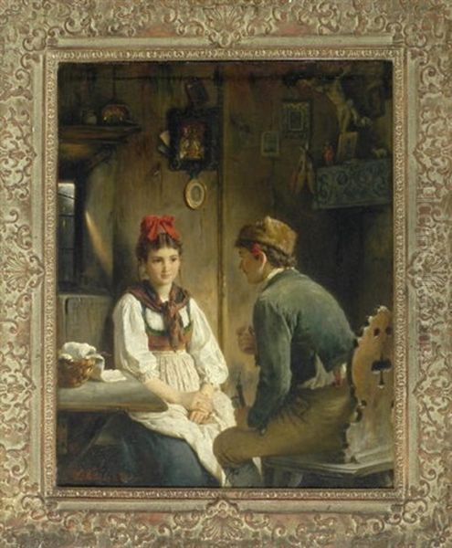 In Der Stube - Junges Paar In Ein Gesparch Vertieft Oil Painting by Ludwig Vollmar