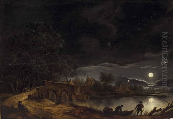 Vollmond Uber Dorf Am Fluss Mit Brucke Und Personenstaffage Oil Painting by Adolf Friedrich Vollmer