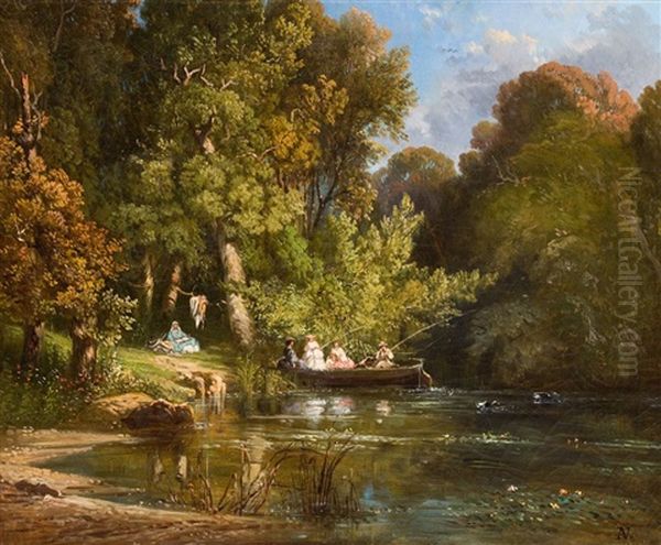 Sonntagsangler An Der Alster Oil Painting by Adolf Friedrich Vollmer