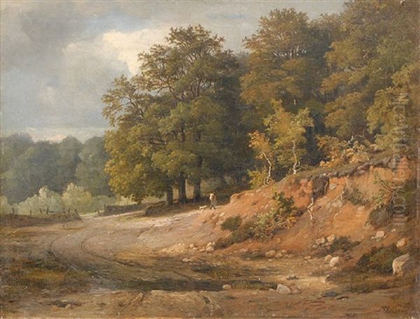 Wanderer Mit Hund In Einer Waldlandschaft Oil Painting by Adolf Friedrich Vollmer