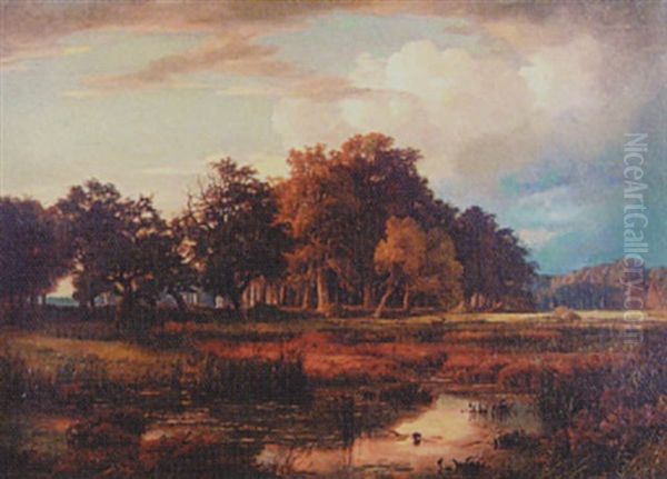 Extensive Country Landscape Oil Painting by Adolf Friedrich Vollmer