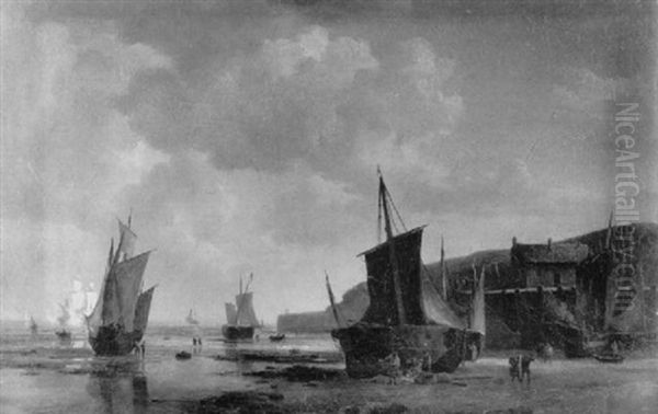 Schiffe Im Hafen Bei Ebbe Oil Painting by Adolf Friedrich Vollmer