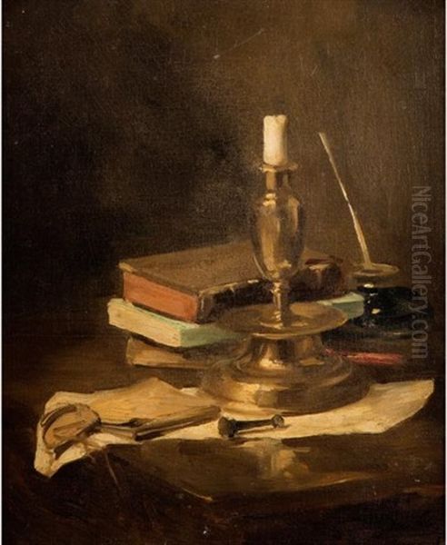 Nature Morte Aux Livres Et A La Chandelle Oil Painting by Alexis Vollon