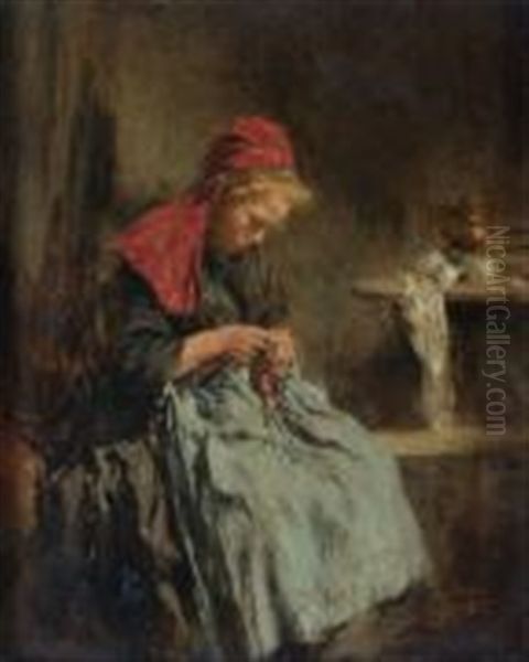 Jeune Fille A La Couture Oil Painting by Alexis Vollon