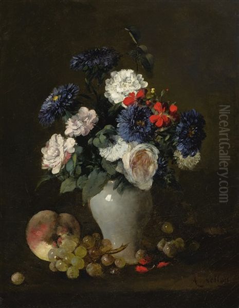 Flowers In A Vase With Grapes And A Peach On A Table Oil Painting by Antoine Vollon