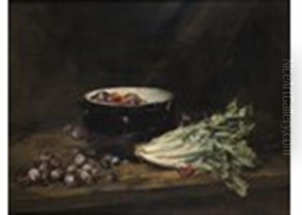 Still Life Of Lettuce And Plums In A Bowl Oil Painting by Antoine Vollon