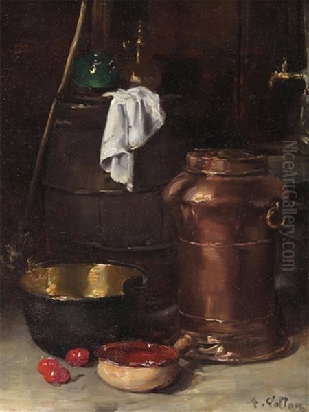 Still Life With A Copper Churn And Brass Pan Oil Painting by Antoine Vollon