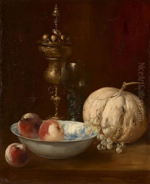 Composition Au Melon Et Au Romer, Raisins Et Peches Oil Painting by Antoine Vollon